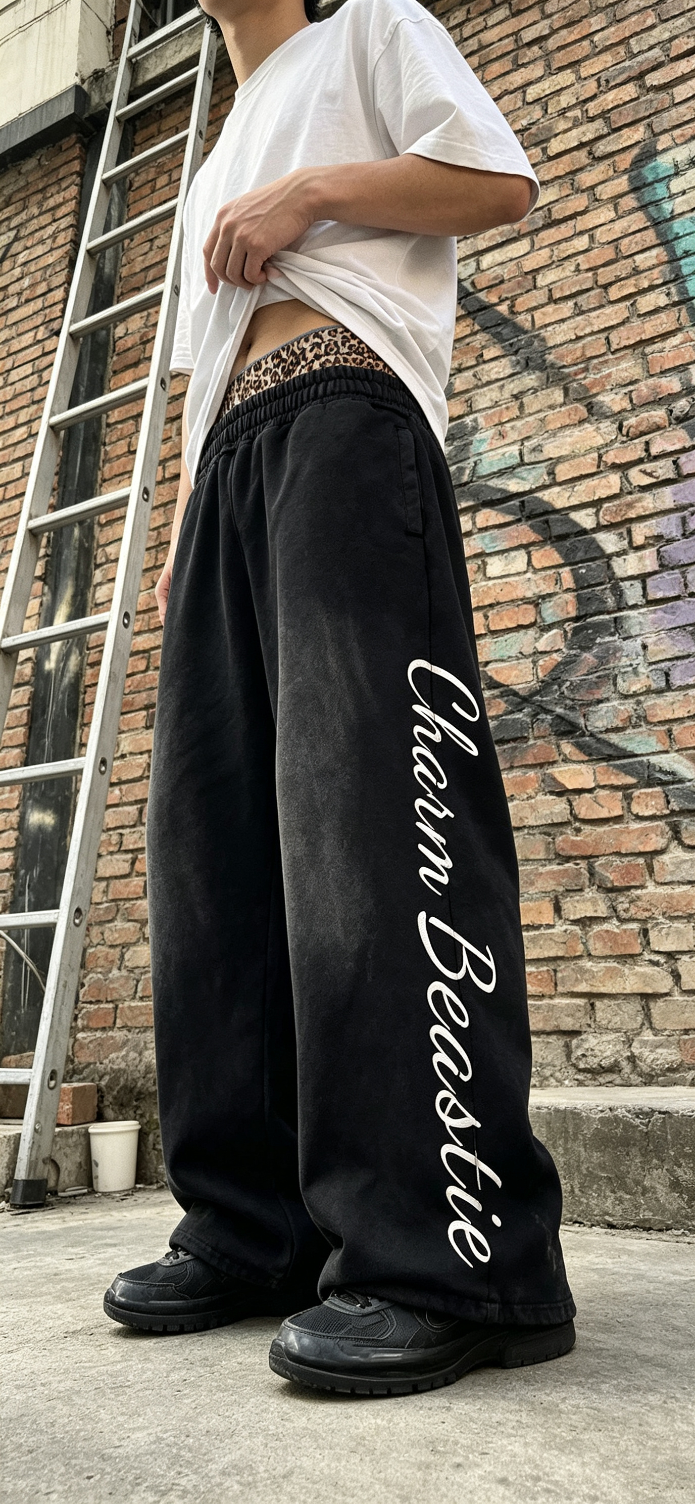 Faded Mens Wide Leg Pants Leopard Waist Terry Wide Leg Sweatpants Vertical Letter Embroidery