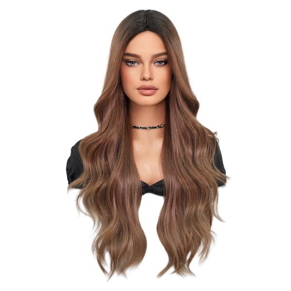 Fashion Long Body Wave Dark Root Hair Brown Synthetic Wigs For Women
