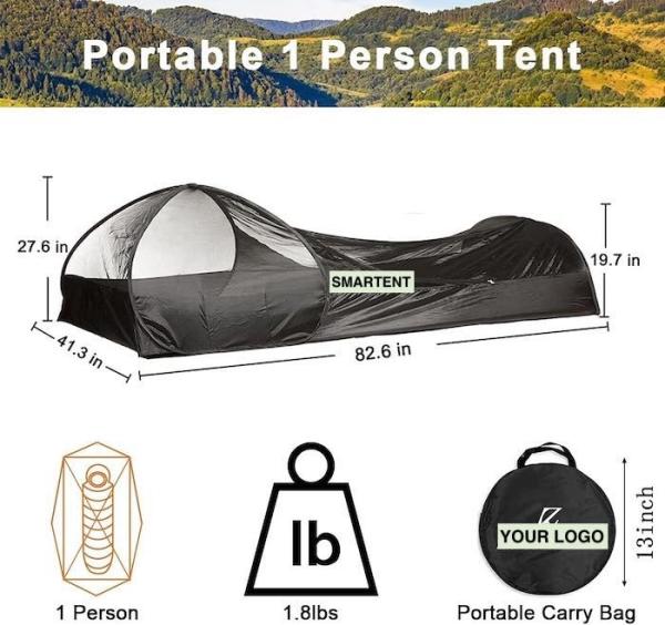 82.6*27.6*19.7 polegadas Negro Fácil Pop Up Camping Tents com piso à prova d'água Fibra de vidro Pole Carry Bag para 1 pessoa