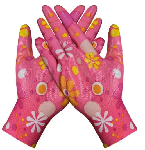13G Flower Floral Printed PU Dipped Gloves For Woman Workers Garden Working