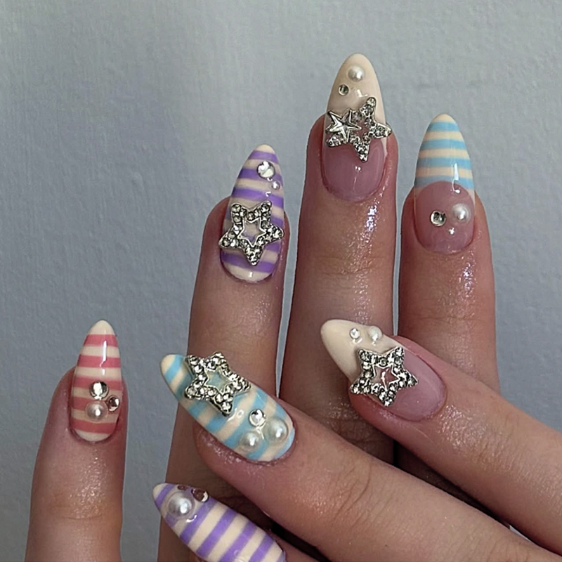 Long Almond Colourful Stripes 3D Press On Nails Stars Rhinestone Design