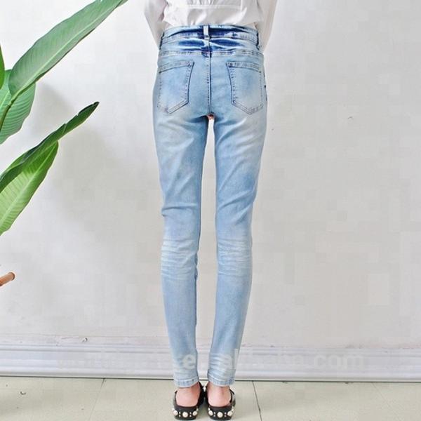Stretch Whisker Distressed Women Denim Skinny Jeans Light Blue Custom Size