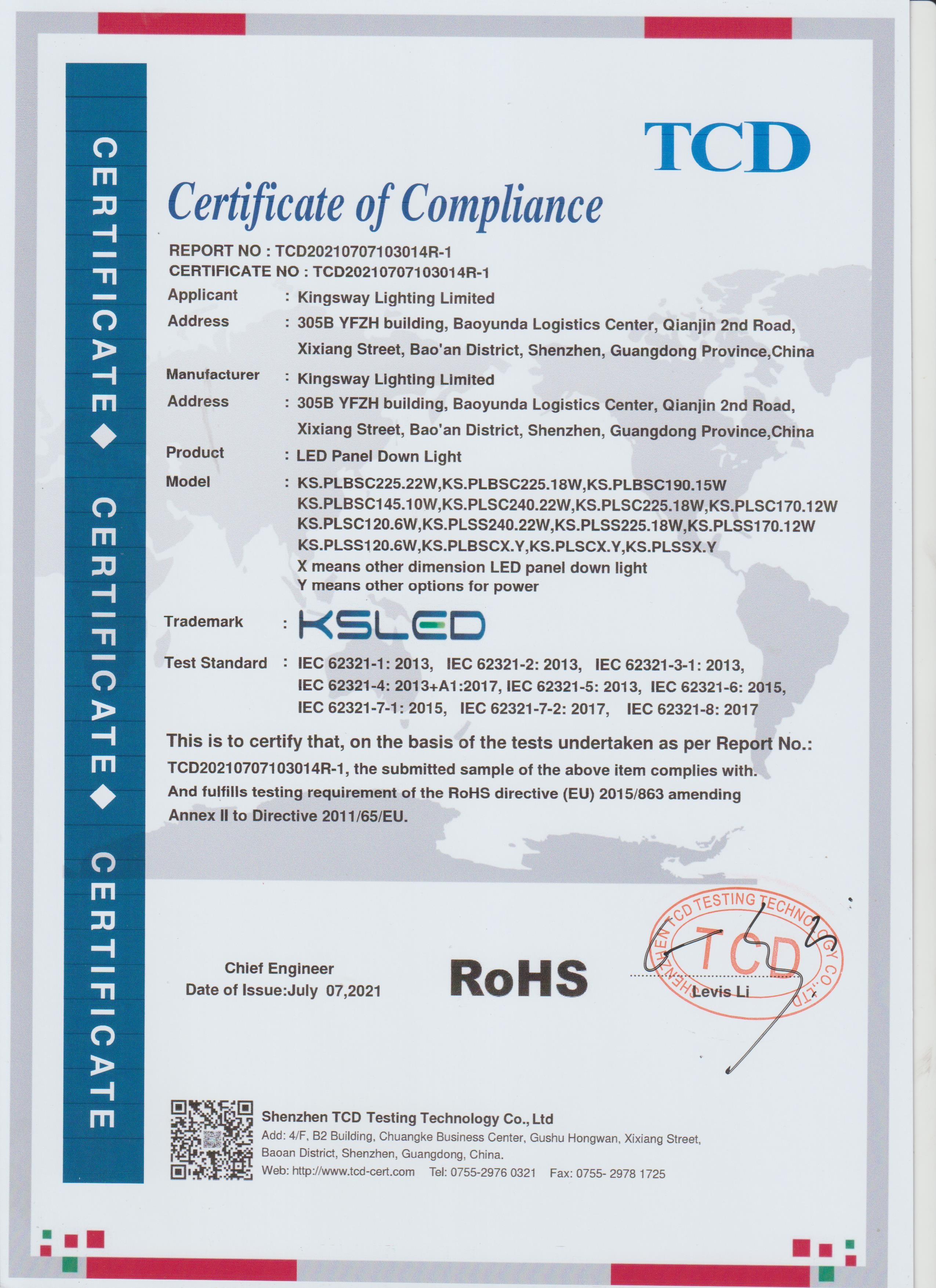 KINGSWAY LIGHTING LIMITED Certifications