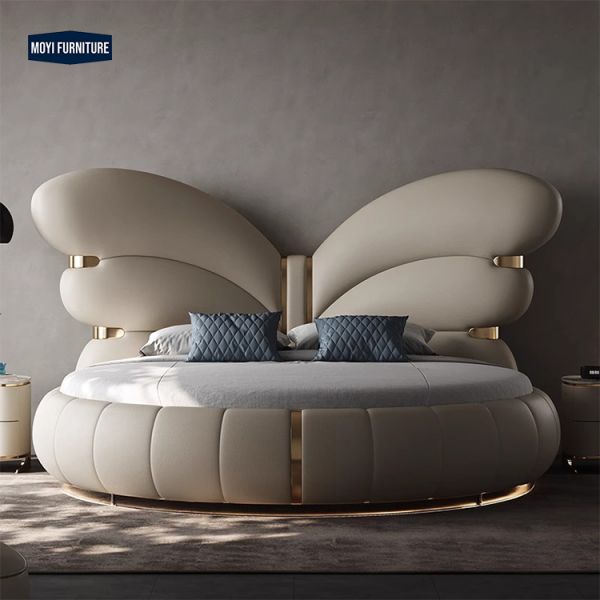 King Size Modern Design Bedroom Furniture Featuring Butterfly Headboard Soft Leather Upholstered Bed Stainless Steel Base