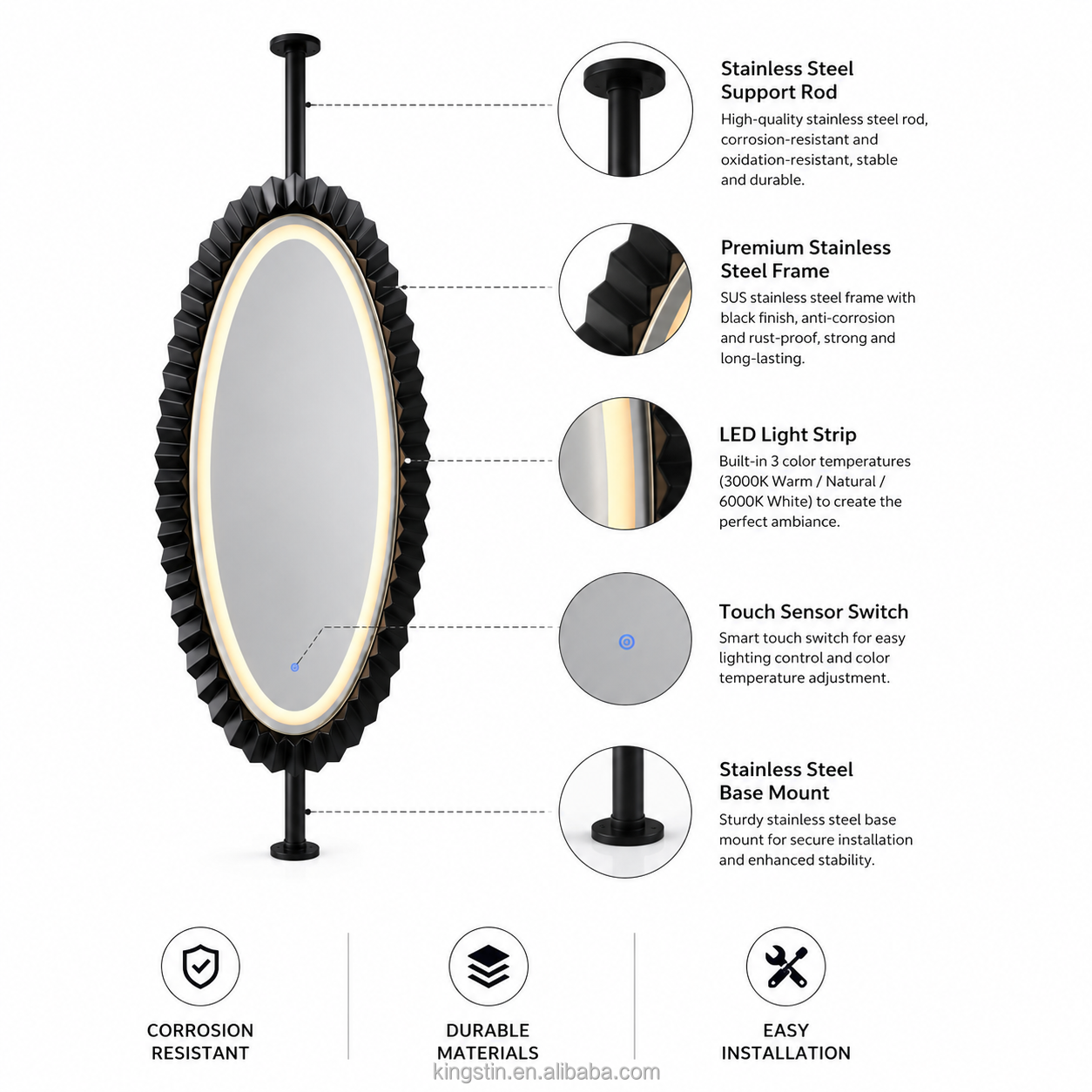 Kingstin Luxury Floating Suspended LED Mirror with Custom Size Black Stainless Steel Frame for Modern Bathrooms Hotel and Villas