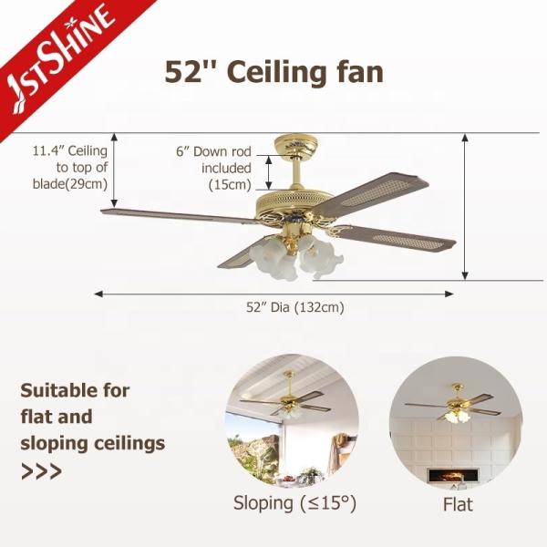 Fan de teto de luxo de 52 polegadas com 4 lâminas de MDF e 4 kits de luz em acabamento dourado