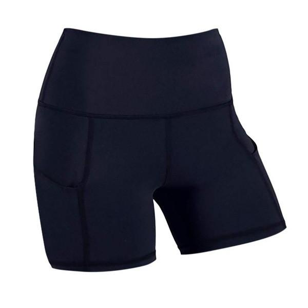 Short preto alto dos esportes de Waisted para o bolso lateral das caneleiras apertadas do Gym do controle da barriga das mulheres
