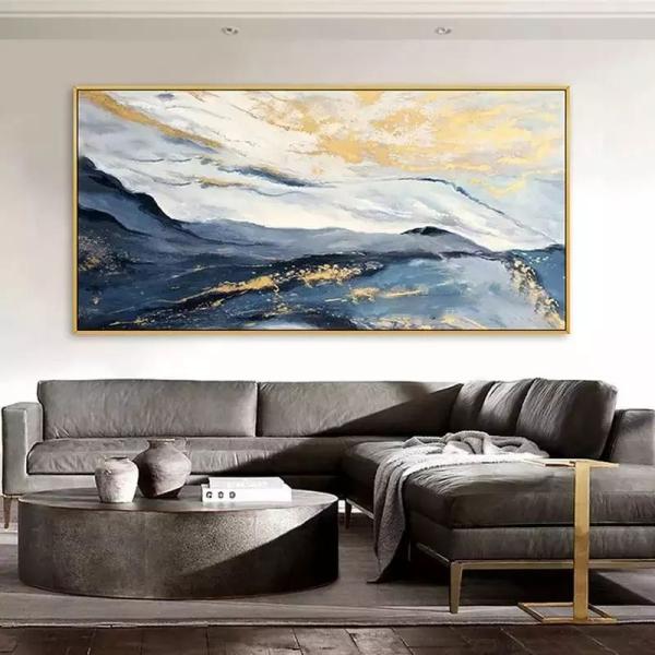 Blue Gold Foil Abstract Landscape Oil Painting On Canvas Hand Painted Modern Textured Medium Oil