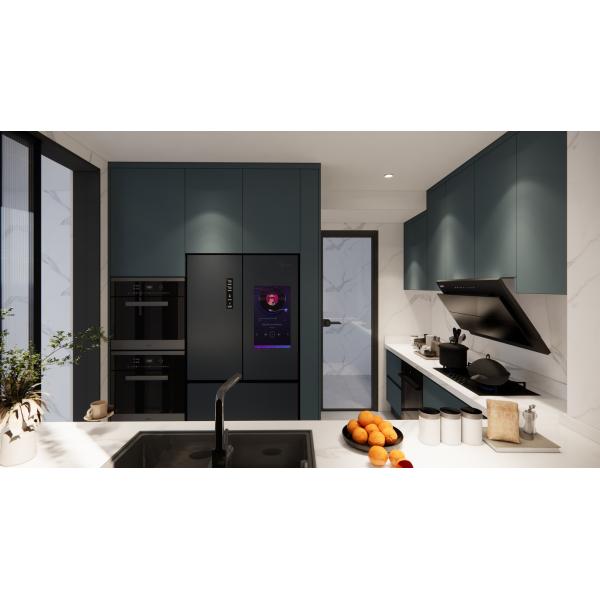 Blue-Gray Stainless Steel Kitchen Cabinets with Integrated Appliances