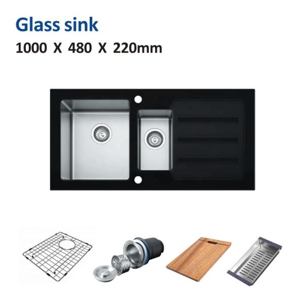 40' Sliver Tempered Glass Kitchen Sink 16 Double Bowl 100x48