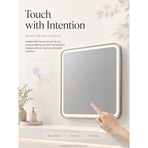 Kingstin Rectangular LED Bathroom Mirror, Dimmable 3-Color, Anti-Fog, Custom Size Metal Frame Smart Vanity Mirror
