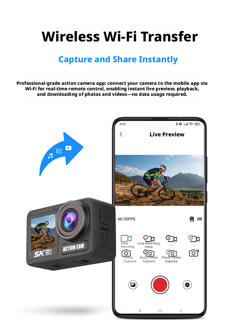Factory Directly Supply 5K Action Camera Dual Touch Screen with Custom Service for Outdoor Diving and Camping