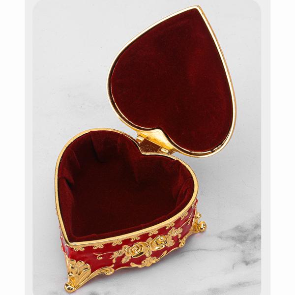 Gold Red Rose Enamel Oval Metal Jewelry Storage Organizer Box Zinc Alloy Material With Polished Finish