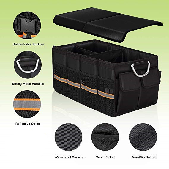 Heavy Duty Black Sturdy Car Trunk Organizer Bag With Foldable Cover Waterproof