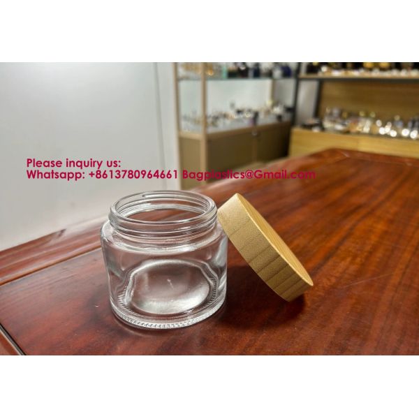 Glass Jars With Lids Clear Small Jars With Plastic Woodgrain Lids, White Labels And Inner Liners Empty Round Cosmetic Containers For Creams Lotions Candle Making (Clear)
