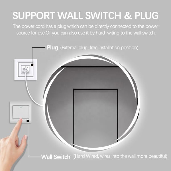 Modern Round Bathroom Mirror Anti Fog Waterproof Wall Mounted Lighted Makeup Mirror