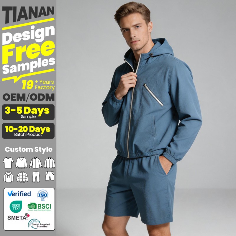 Tianan Custom Logo Men Blue Nylon Windbreaker Shorts Quick Dry Tracksuit Multi Pocket Casual Outdoor Summer Hoodie Shorts Set