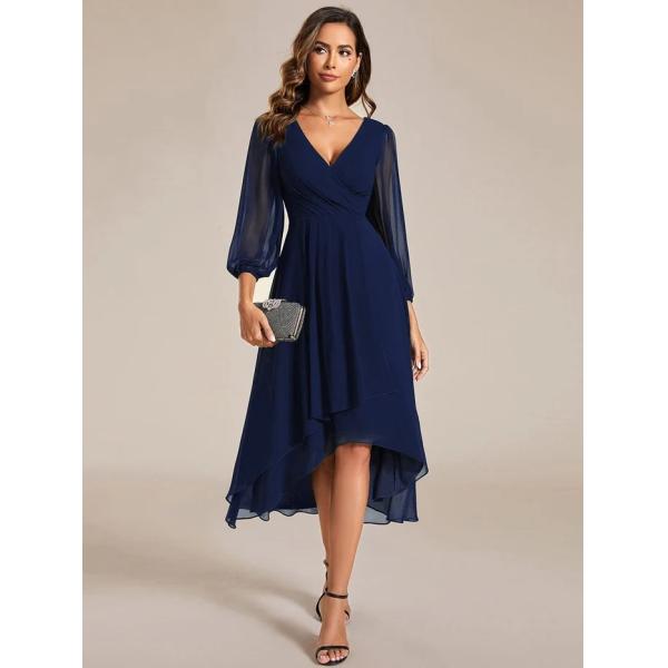 Elegant Empire Long Sleeve V-neck High Low A-line Ruffled Midi Dark Green Chiffon Wedding Guest Evening Dress