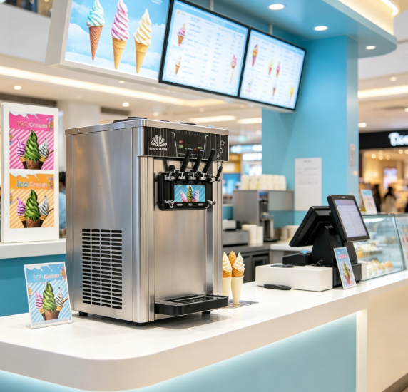 Commercial Soft Serve Ice Cream Machine with Double Cylinder Stainless Steel Design for 3 Flavors