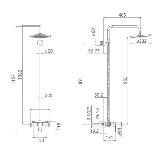 Ducha de lluvia del cuarto de baño D contemporánea montada en la pared 405m m, H 1157m m