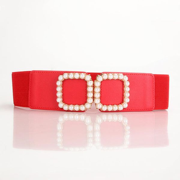Ladies Style Fashionable Multi-Color Fashion Waist Belt Square Pearl Buckle Elastic Wide Belt