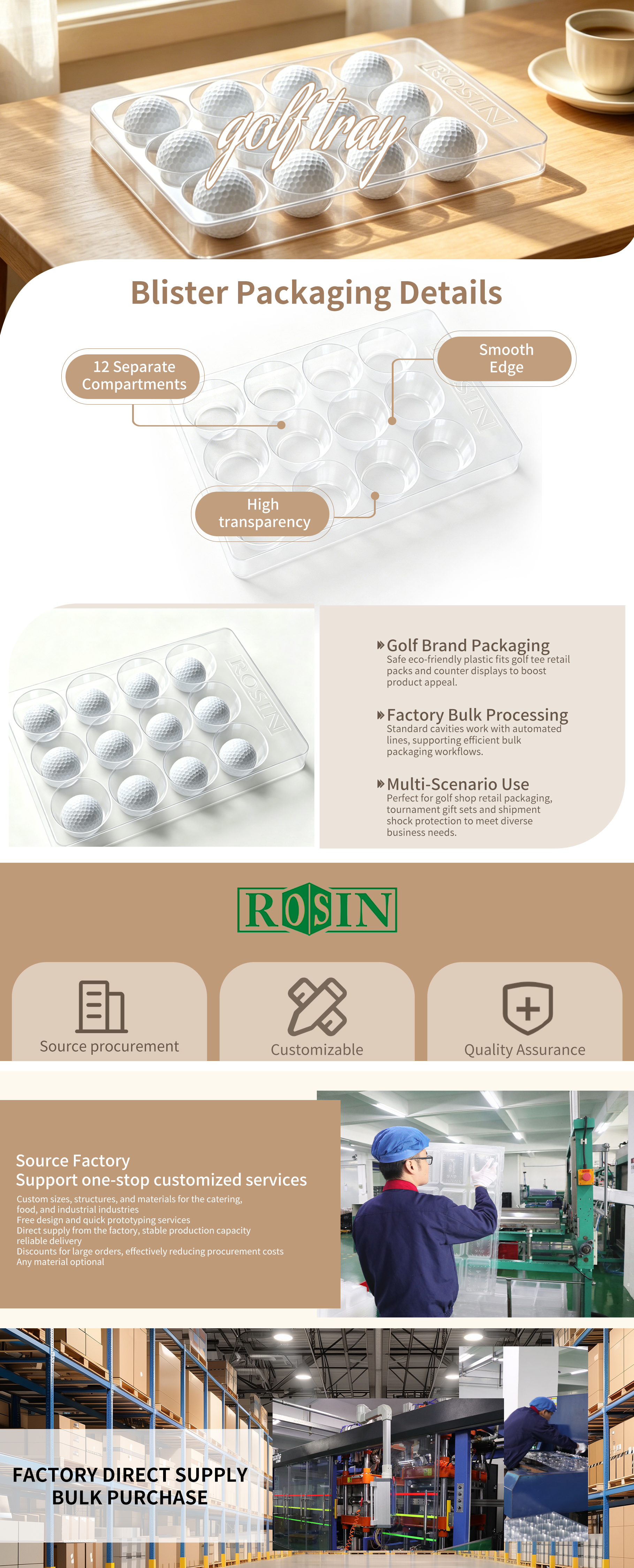 Custom Clear/Gold PET 12 Cavity Golf Ball Blister Tray
