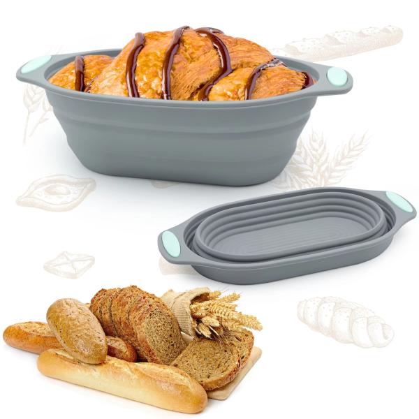 9.5 Inch Food Grade Silicone BPA-Free Banneton Basket Set for Artisan Bread Proofing with Oval & Round Foldable Bowls