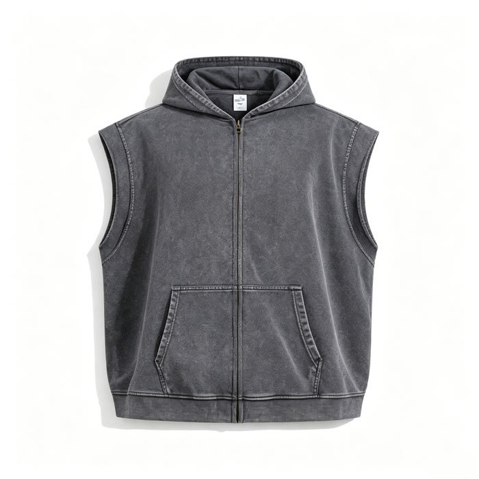 400GSM Hooded Zip Up Vest Vintage Ruin Wash Streetwear Gilet Oversized
