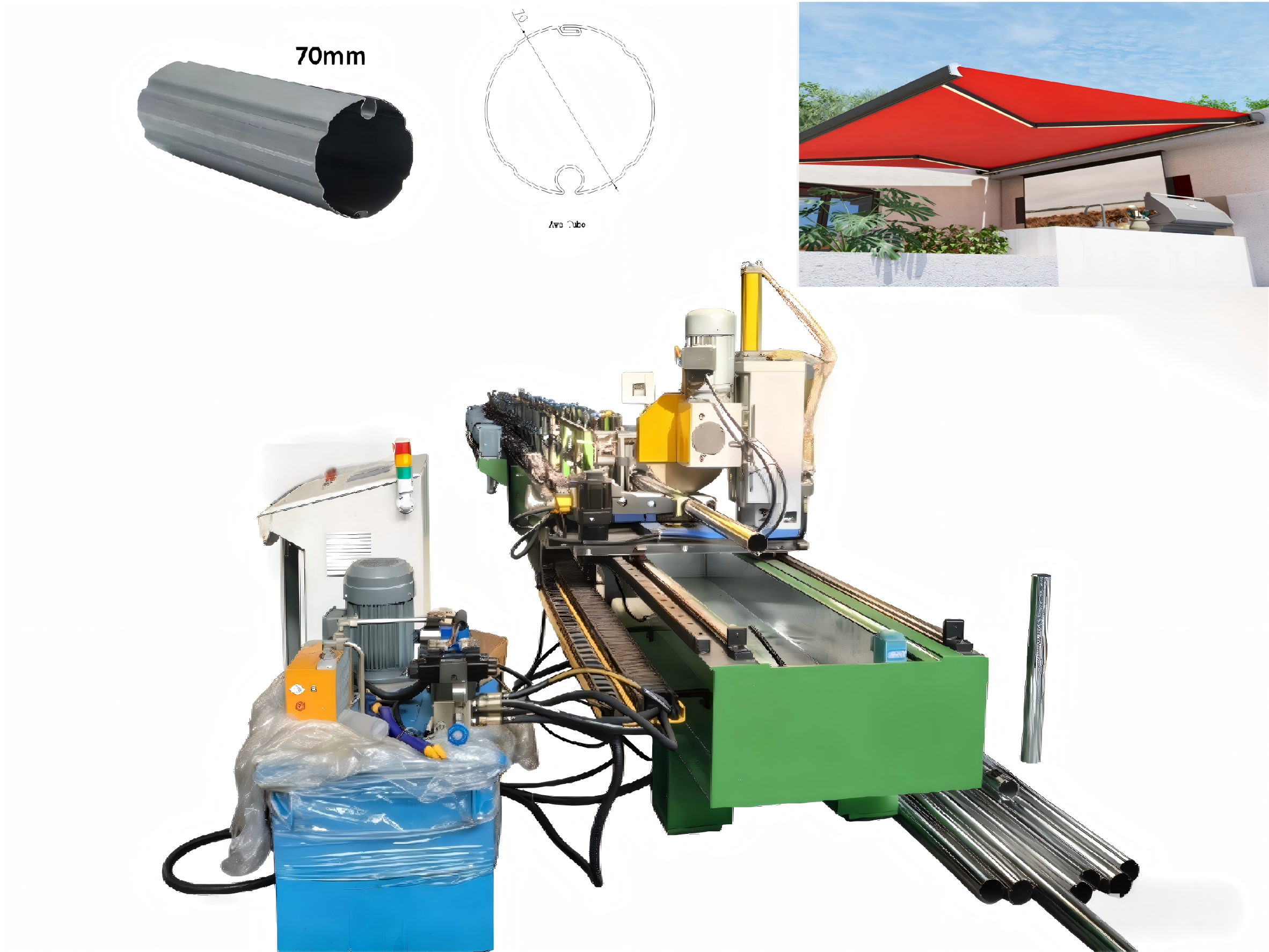 Macedonia 0.6-1.5 Mm Galvanized Steel Diameter 70mm Patio Canopies Awning Pipe Roll Forming Machine With  Servo Fly Saw Cutting
