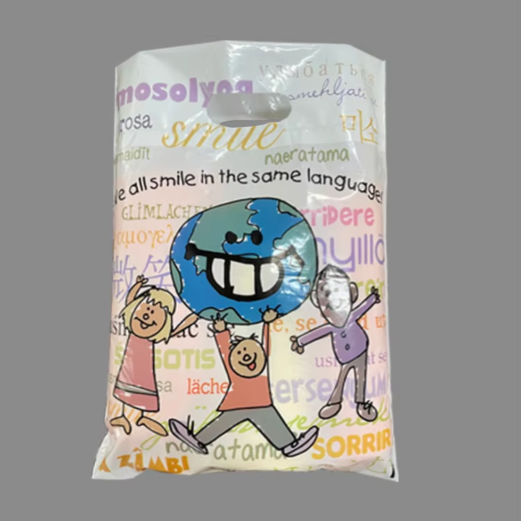 Custom Logo PE Flat Four Finger Handbags High Pressure Plastic Clothing Advertising Perforated Bags Handheld Printed Bags