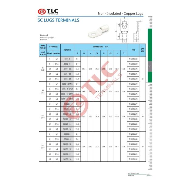 Temperature Range Tin Plated Tubular Cable Lugs 95-300mm2 -40C~+105C Terminal Lug
