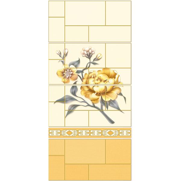 Желтые кирпичные плитки 30х60 см и антибактериальные стеклянные стены для кухни