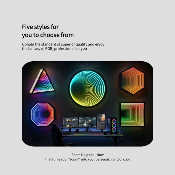Kingstin RGB Abyss Mirror LED Light Customizable Shape Size, for Gaming Room Live Broadcast Background Bar Decoration