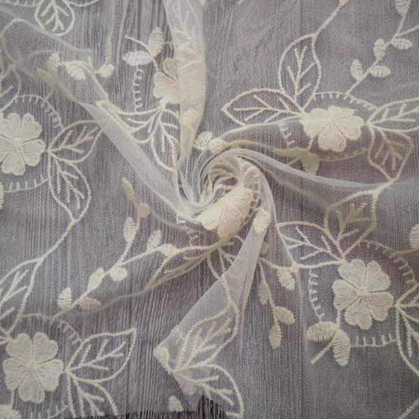 White Embroidered Mesh Ivory Floral Lace Fabric , 130cm Wide Cotton Lace Dress Fabric