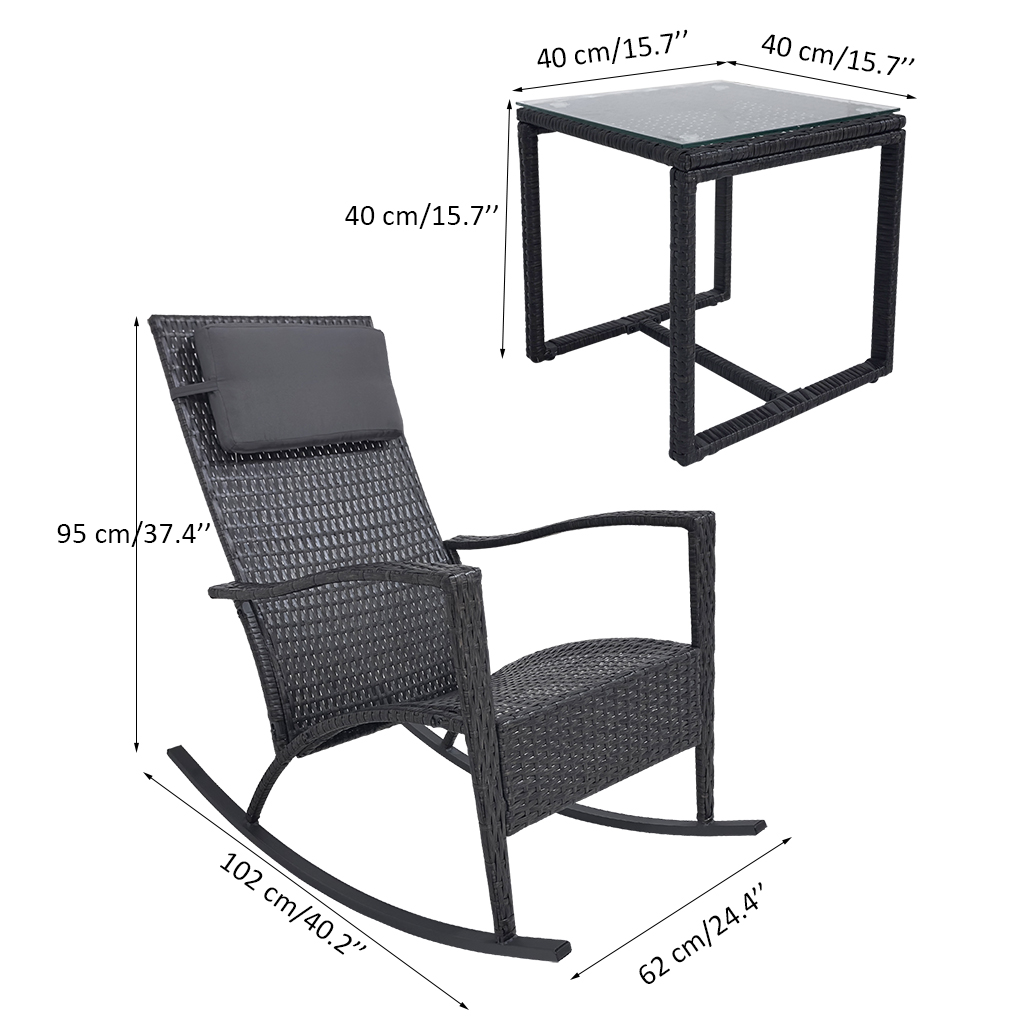 All-Weather PE Rattan Rocking Chair Set Outdoor Patio Conversation Wicker Rockers Tempered Glass Coffee Table for Balcony