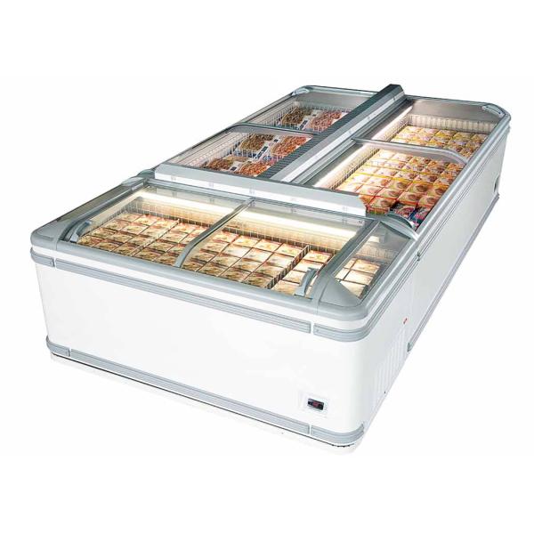 Resbalando el congelador de cristal curvado 1050L comercial de la isla del supermercado de la puerta