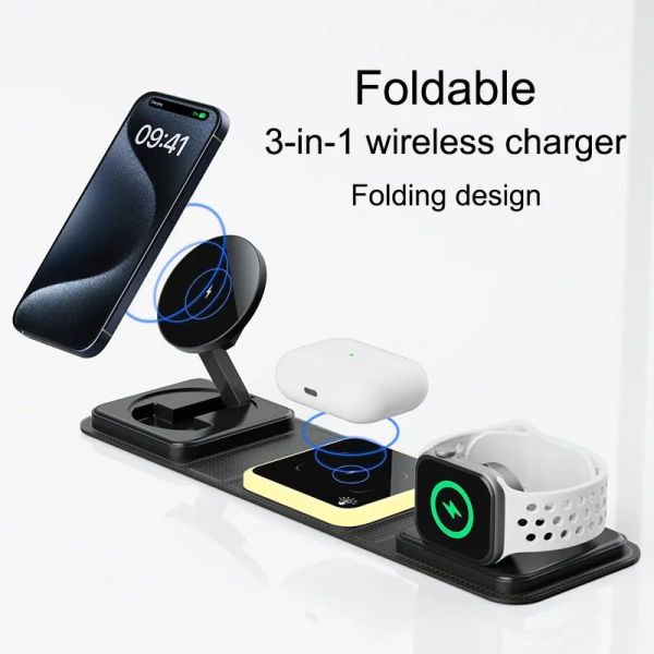 Wireless 3 In 1 Foldable Magnetic Charger Stand 15W Fast Quick Charging 20W Output Power For Earphones
