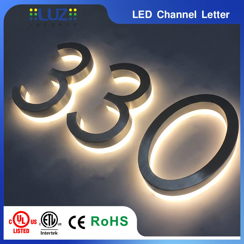 Custom Stainless Steel LED Halo Lit Channel Letters - Backlit Metal Signs for Exterior Wall