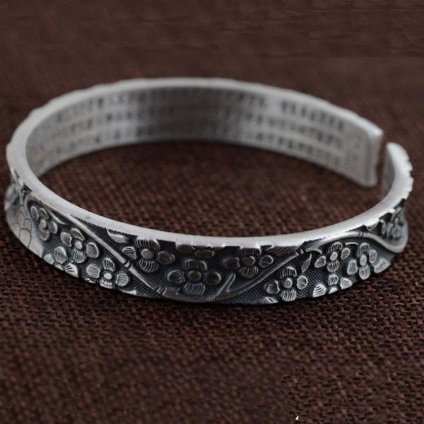 Women Sterling Silver Engraved Flowers Buddhist Sutras Retro Cuff Bracelet Bangle (SZ0161)