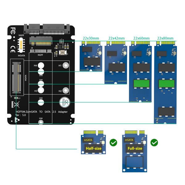 Top Quality NGFF(M.2) Key B /MSATA to SATA 2.5 Adapter 2-in-1 Combines M.2 NGFF Key B & MSATA SSD with SATA3 Adapter.