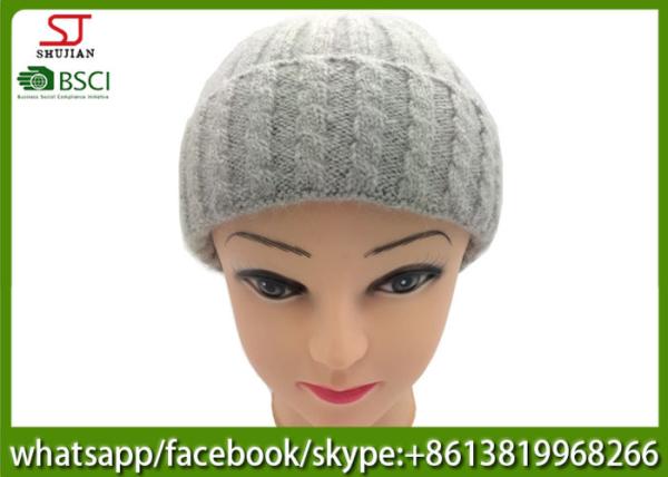 Chinese manufactuer knitting stripe beanie winter hats 45%cony hair 15%wool 40%Acrylic104g 20*21cm light grey best price