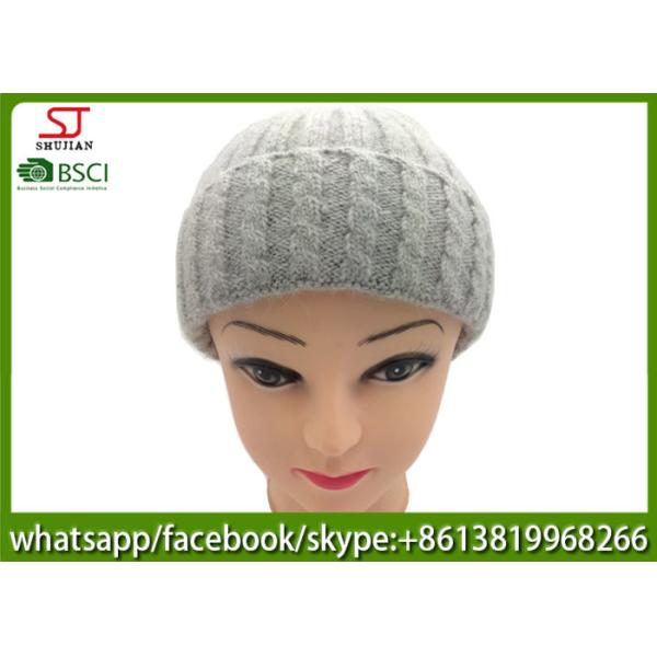 Chinese manufactuer knitting stripe beanie winter hats 45%cony hair 15%wool 40%Acrylic104g 20*21cm light grey best price
