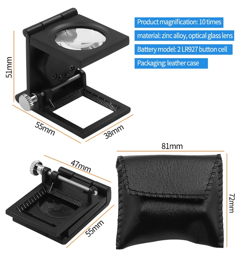 LED Lighting 10X Metal Folding Magnifier Foldable Desktop Textile Linen Tester with Metric Scale Product Type Magnifiers
