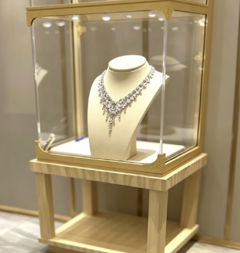 Luxury Natural Wood & Gold Frame Jewelry Display Case, Freestanding Glass Showcase
