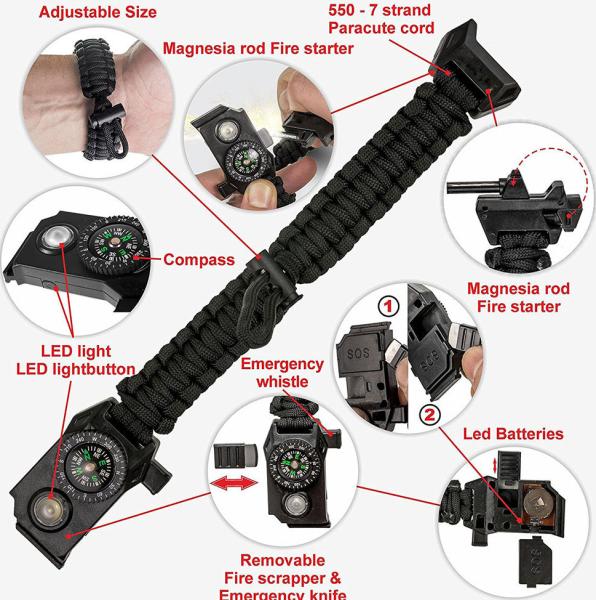 Outdoor LED light survival paracord bracelet multifunctional adjustable bracelet
