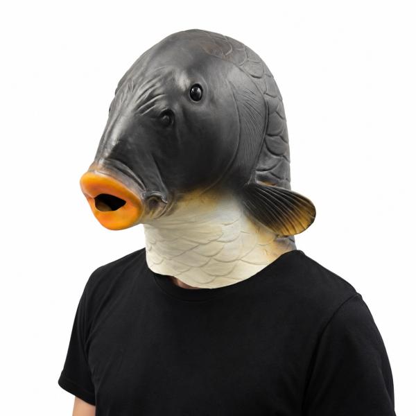 Realistic Grass Carp Latex Full Head Mask, Fish Character Costume with Scaled Texture, Orange Lips, Side Fin Detail and Full Head Design for Halloween Party Cosplay Photo Video Props