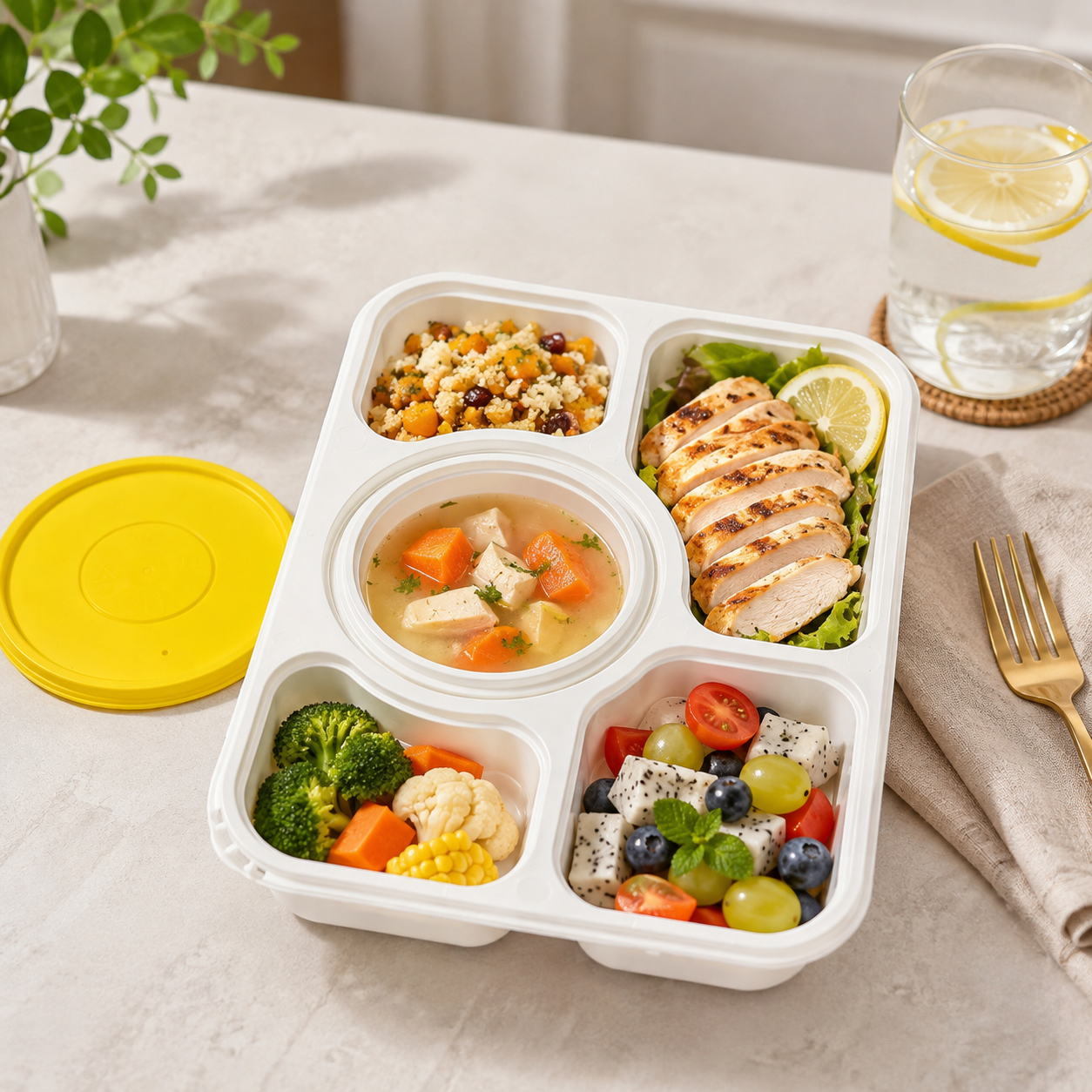 Five Compartment Snap Lock Bowls PP Catering Tray with Clear Locking Lid