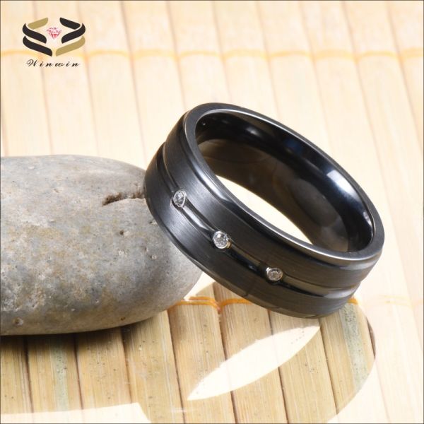 8mm Black Zirconium Ring with Silver CZ Diamond Stones Inlaid Single Groove Men's Wedding Band Plating Color N/A