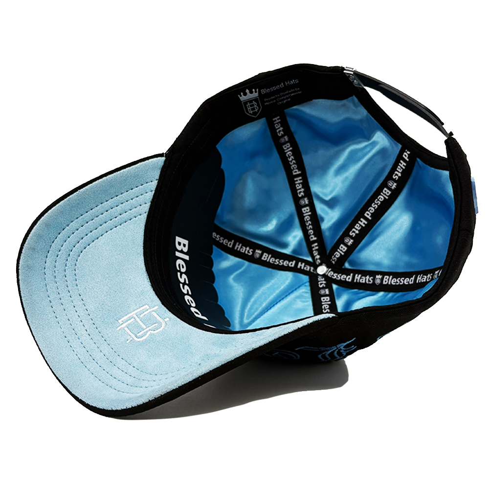 Sports Suede Baseball Caps 5 Panel Curved Brim Satin Lined Custom Embroidered Logo