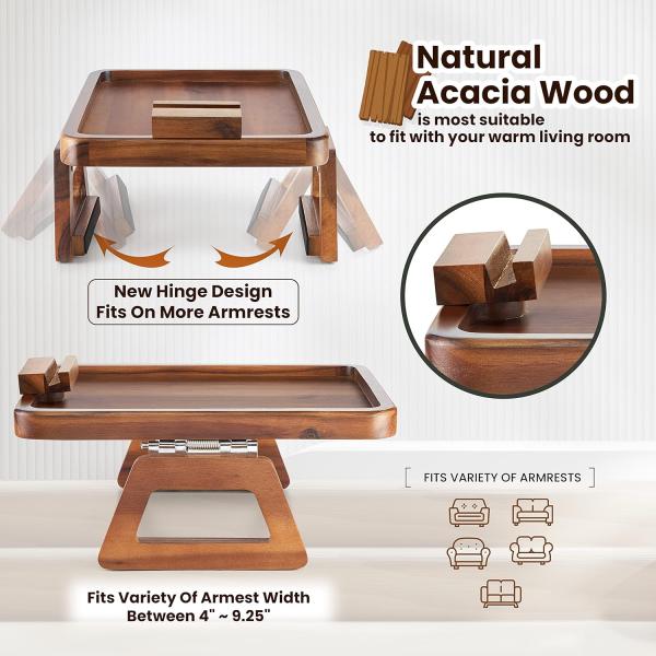 360 Rotating Arm Table for Acacia Wood Sofa Armrest Tray on Wooden Side Tables